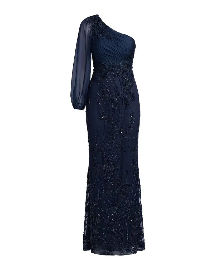 Mac Duggal Floral Appliqué Chiffon Trumpet One-Shoulder Gown