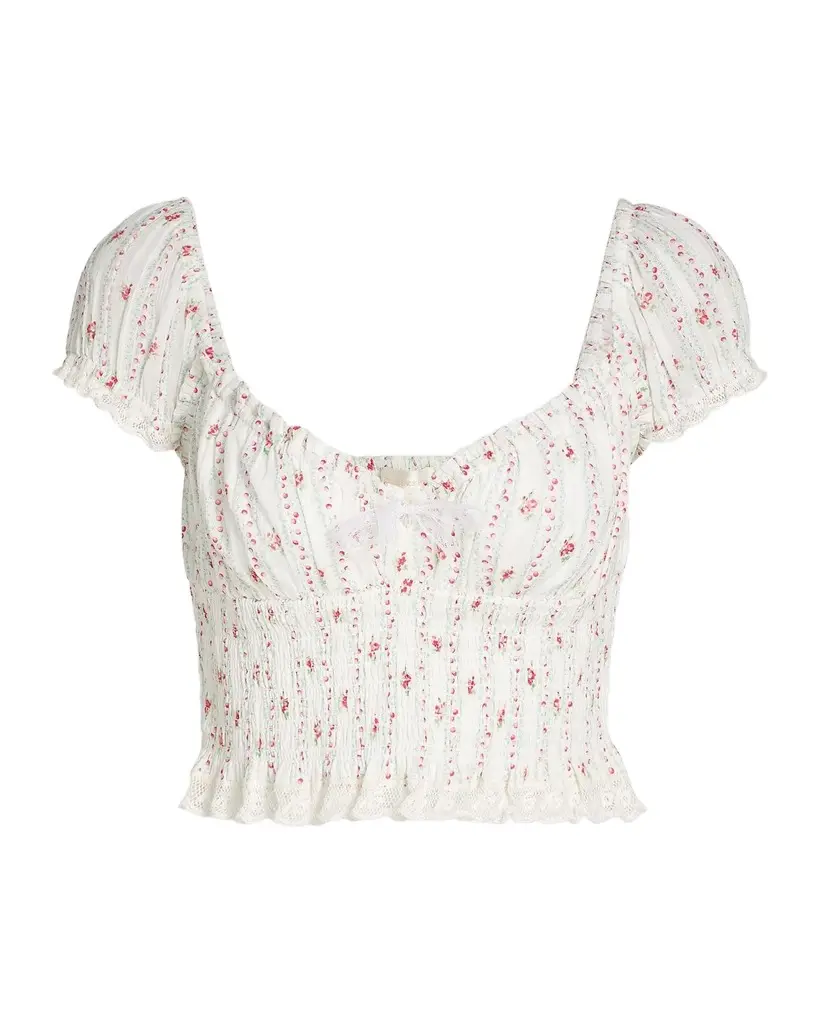 LoveShackFancy Daini Floral Smocked Cotton Crop Top | Image 1 LoveShackFancy Daini Floral Smocked Cotton Crop Top | Image 1