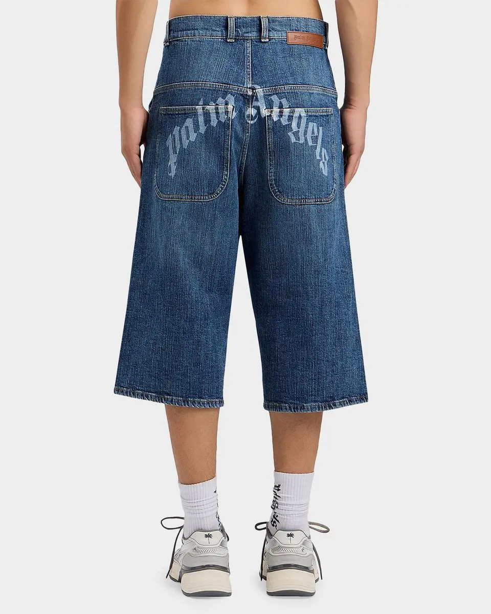 Palm Angels Men's Curved Logo Denim Skater Shorts | Thumbnail 3 Palm Angels Men's Curved Logo Denim Skater Shorts | Thumbnail 3