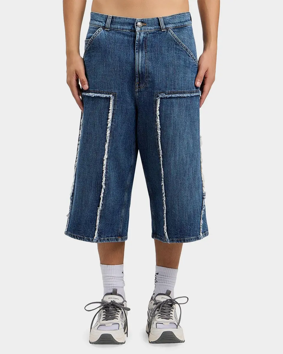 Palm Angels Men's Curved Logo Denim Skater Shorts | Thumbnail 4 Palm Angels Men's Curved Logo Denim Skater Shorts | Thumbnail 4