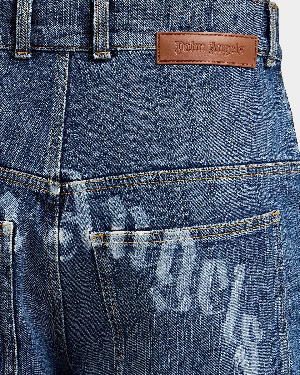 Palm Angels Men's Curved Logo Denim Skater Shorts | Thumbnail 5 Palm Angels Men's Curved Logo Denim Skater Shorts | Thumbnail 5