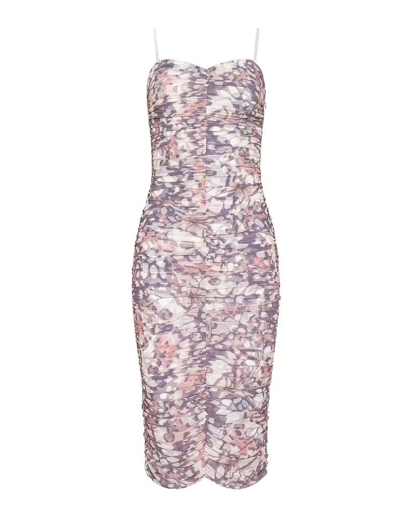 L'Agence Caprice Butterfly Wing-Print Ruched Midi Dress | Image 1 L'Agence Caprice Butterfly Wing-Print Ruched Midi Dress | Image 1