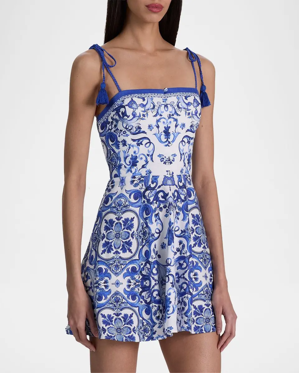 Alice + Olivia Glinda Majolica Tassel Linen-Blend Mini Dress | Thumbnail 4 Alice + Olivia Glinda Majolica Tassel Linen-Blend Mini Dress | Thumbnail 4