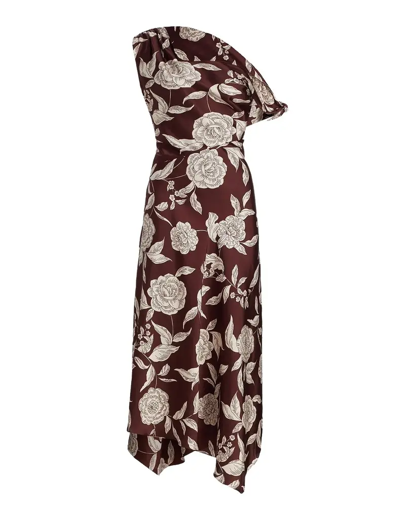 TANYA TAYLOR Loretta Floral Satin One-Shoulder Midi Dress | Image 1 TANYA TAYLOR Loretta Floral Satin One-Shoulder Midi Dress | Image 1