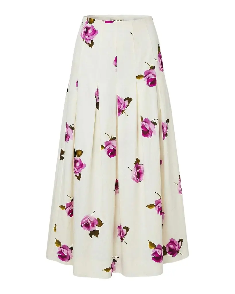 NICHOLAS Jordana Pleated Floral Linen-Blend Midi Skirt | Image 1 NICHOLAS Jordana Pleated Floral Linen-Blend Midi Skirt | Image 1