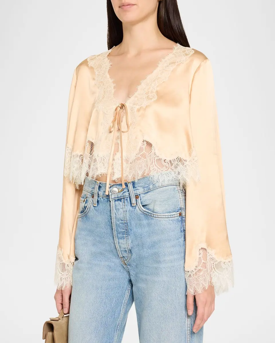 LoveShackFancy Kately Lace-Trim Satin Top | Thumbnail 4