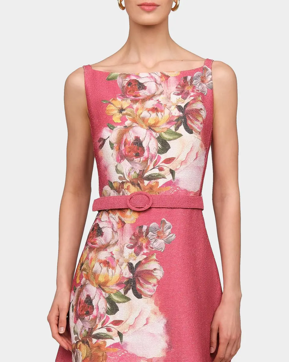 Kay Unger New York Slyvie Floral Belted Satin Tea-Length Dress | Thumbnail 5 Kay Unger New York Slyvie Floral Belted Satin Tea-Length Dress | Thumbnail 5