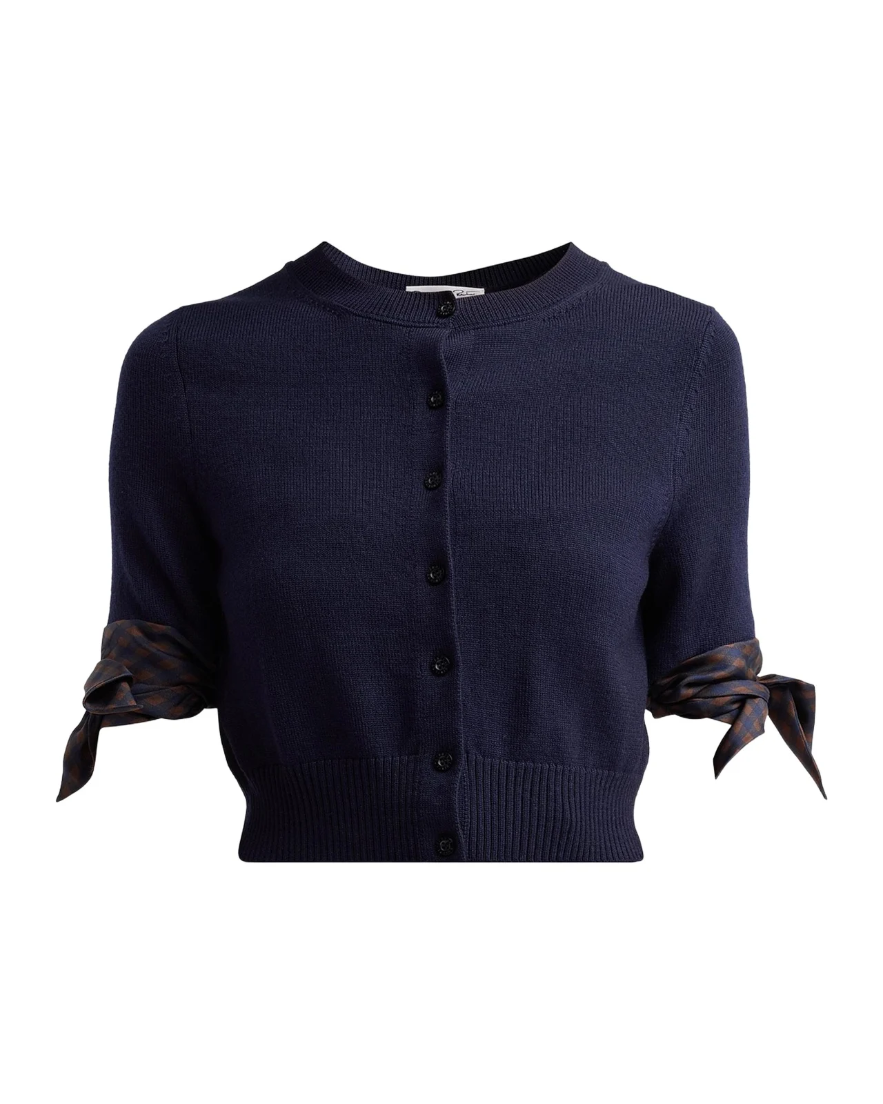 Argyle Silk Cuffs Crop Crewneck Cardigan