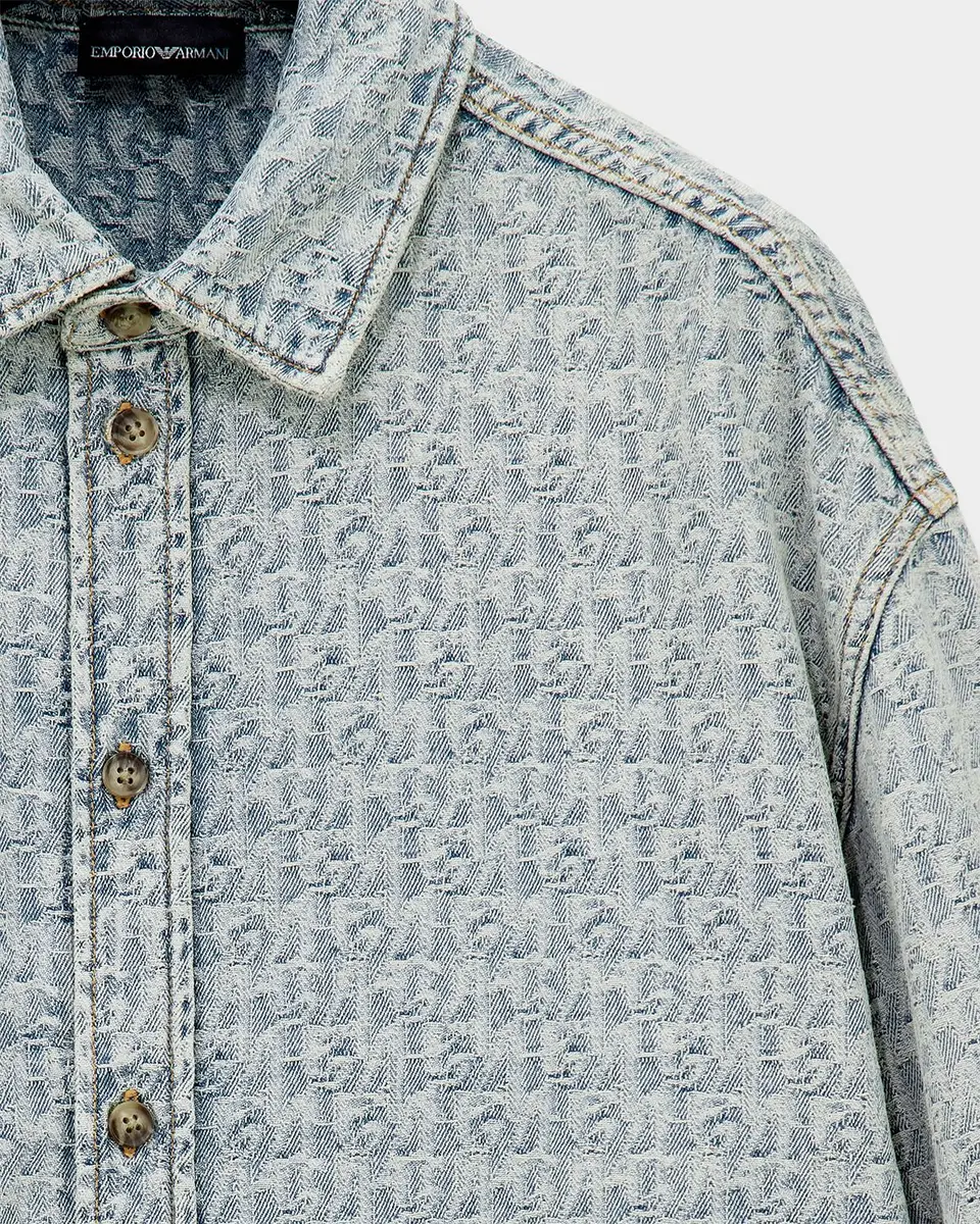 Emporio Armani Men's Monogram Denim Button-Front Shirt | Thumbnail 4