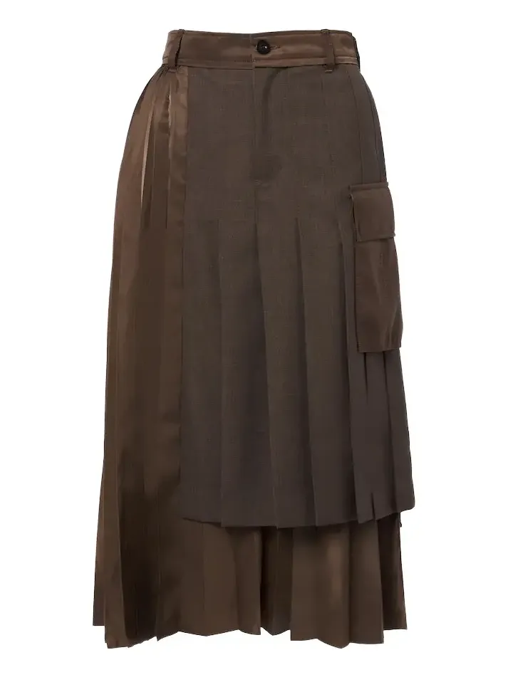 Sacai Layered pleated wool-trimmed midi skirt