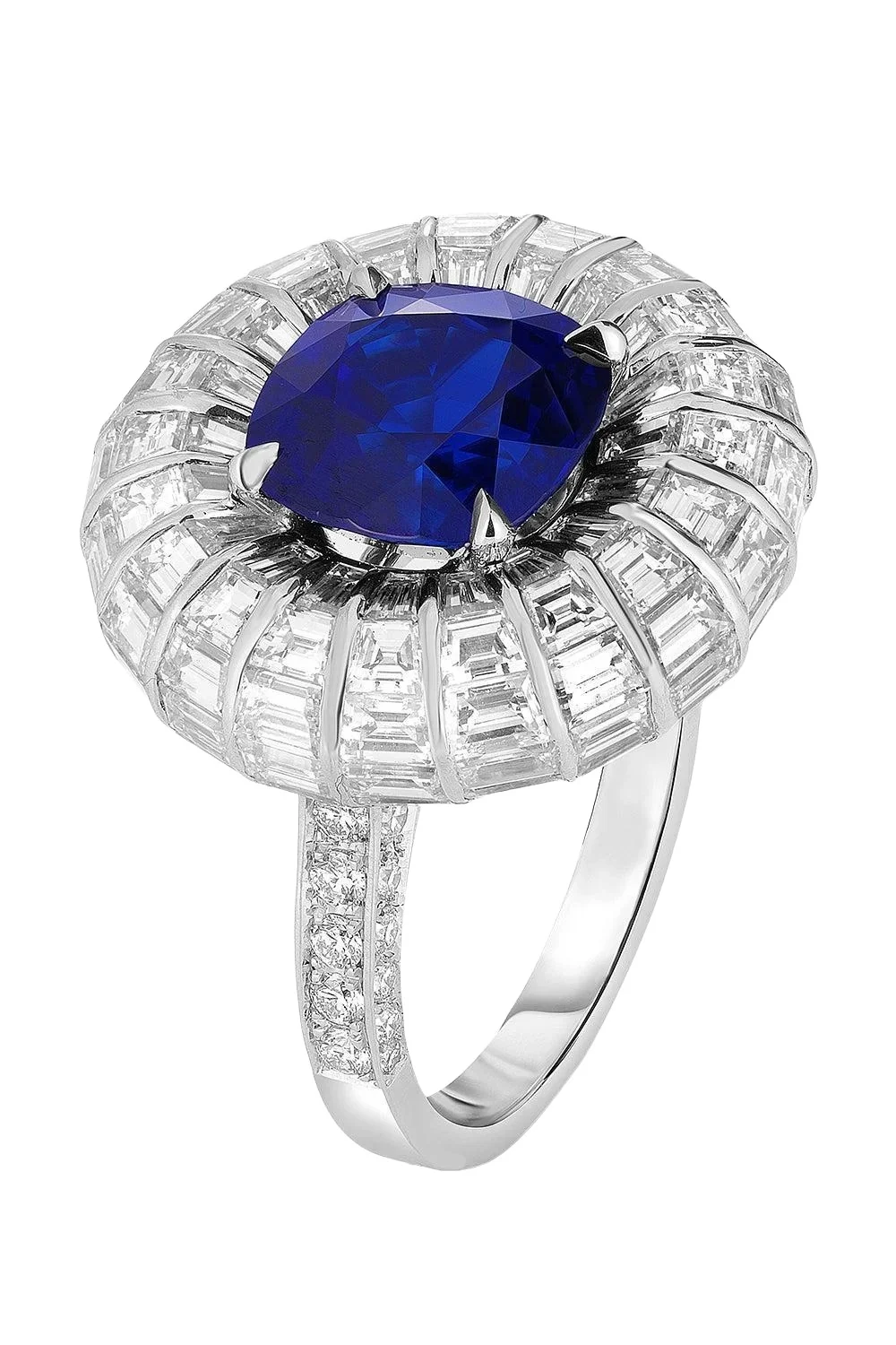 CICADA Blue Sapphire Baguette Diamond Halo Ring