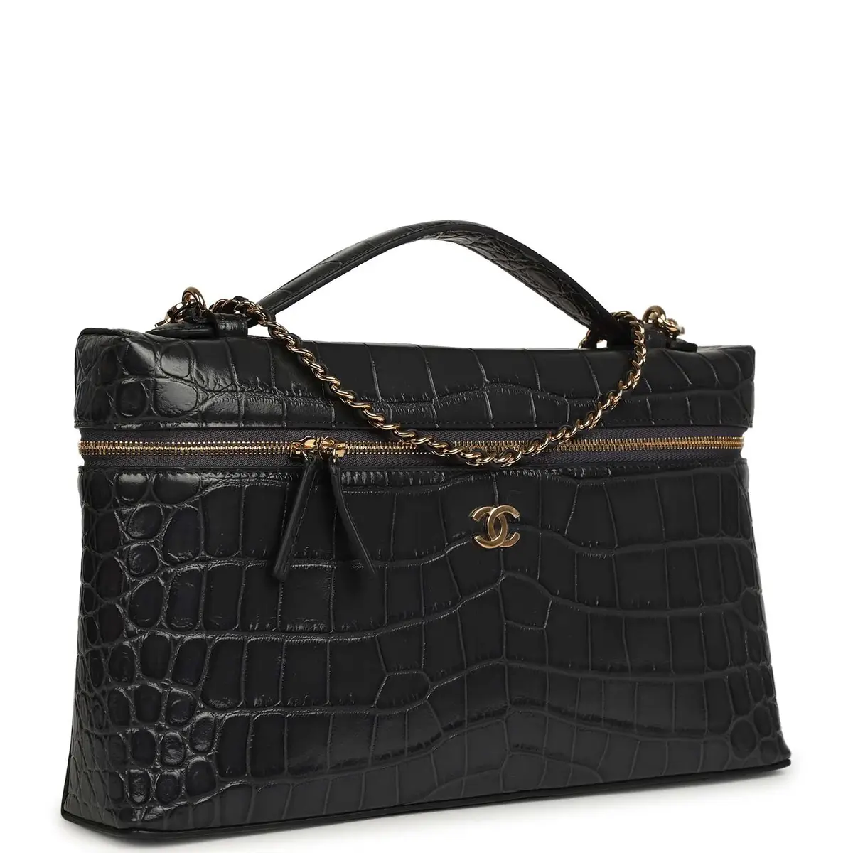 Chanel Chanel Large Top Handle Long Vanity Case Grey Croc Embossed Calfskin Gold Hardware | Thumbnail 2