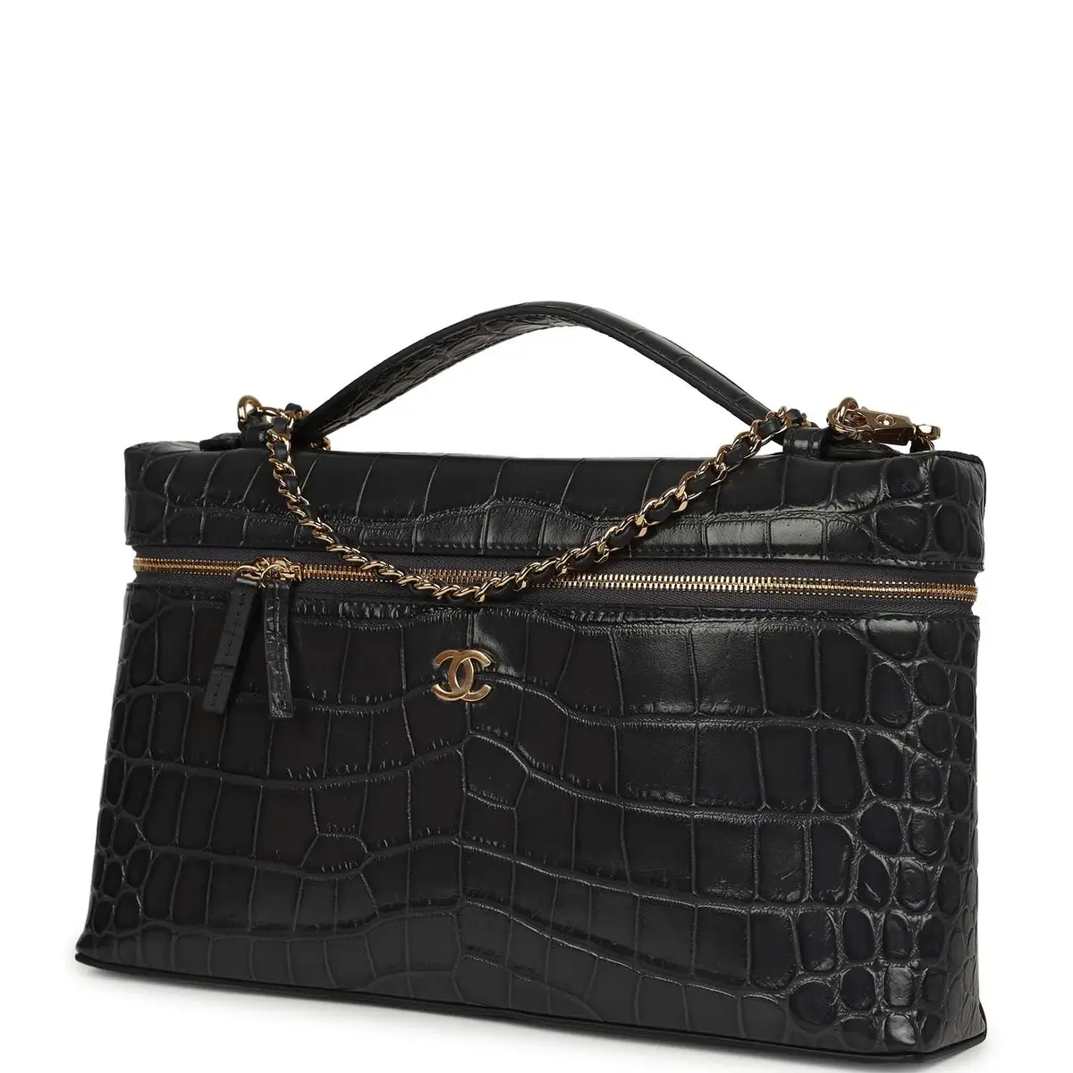Chanel Chanel Large Top Handle Long Vanity Case Grey Croc Embossed Calfskin Gold Hardware | Thumbnail 5