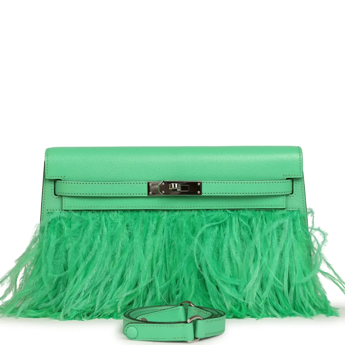 HERMÈS Pre-owned Hermes Kelly Elan Foile Vert Comics Chevre and Ostrich Feather Palladium Hardware | Image 1 HERMÈS Pre-owned Hermes Kelly Elan Foile Vert Comics Chevre and Ostrich Feather Palladium Hardware | Image 1