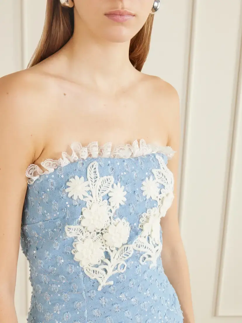 Rodarte Appliquéd Sequin-embellished Lace-trimmed Denim Midi Dress | Thumbnail 4 Rodarte Appliquéd Sequin-embellished Lace-trimmed Denim Midi Dress | Thumbnail 4