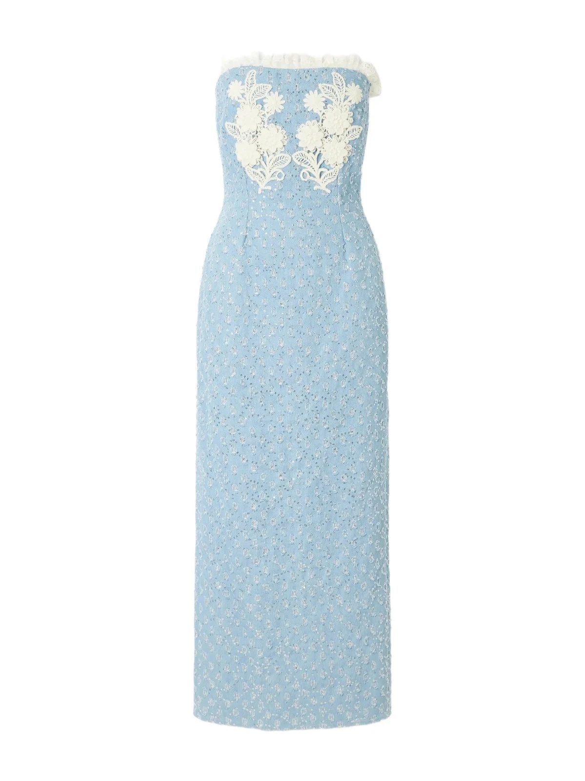 Appliquéd Sequin-embellished Lace-trimmed Denim Midi Dress
