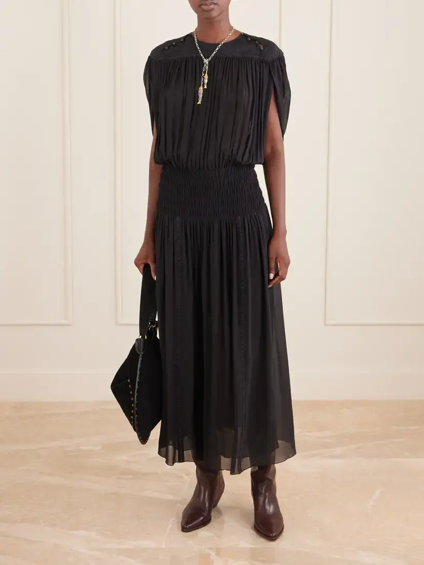 Isabel Marant Nesrine Bead-embellished Pleated Smocked Silk Maxi Dress | Thumbnail 2 Isabel Marant Nesrine Bead-embellished Pleated Smocked Silk Maxi Dress | Thumbnail 2
