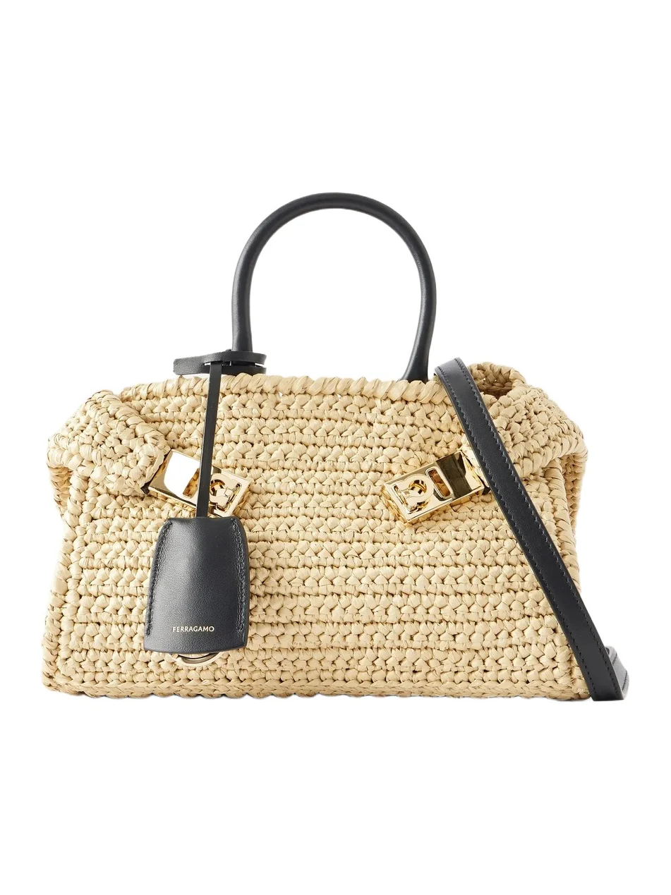 Hug Leather-trimmed Raffia Mini Shoulder Bag Hug Leather-trimmed Raffia Mini Shoulder Bag