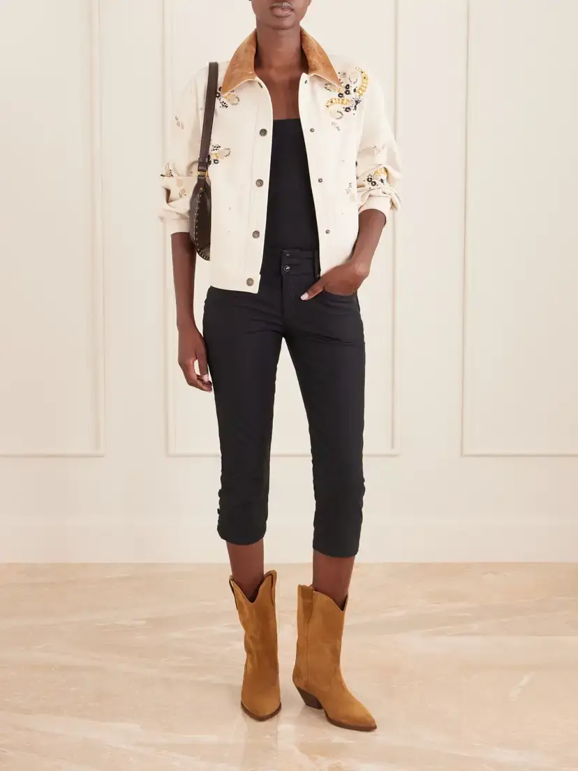 Isabel Marant Lavine Leather-trimmed Embellished Embroidered Denim Jacket | Thumbnail 2 Isabel Marant Lavine Leather-trimmed Embellished Embroidered Denim Jacket | Thumbnail 2