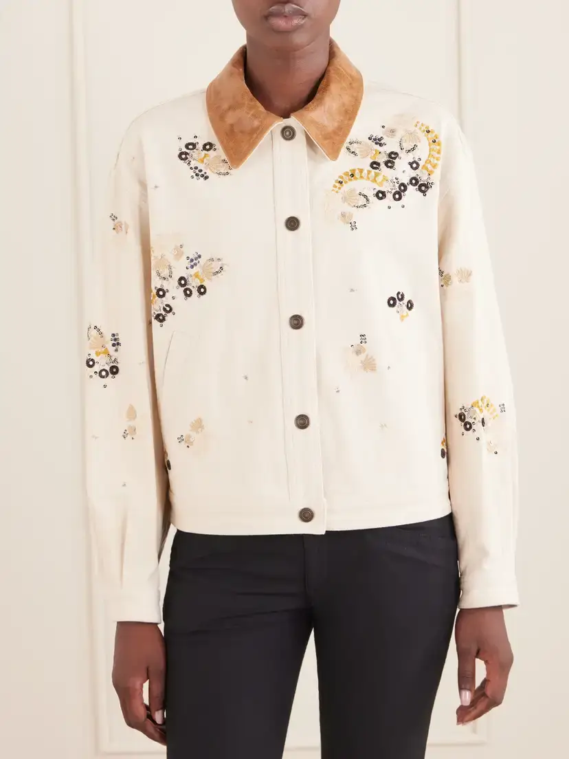 Isabel Marant Lavine Leather-trimmed Embellished Embroidered Denim Jacket | Thumbnail 3 Isabel Marant Lavine Leather-trimmed Embellished Embroidered Denim Jacket | Thumbnail 3