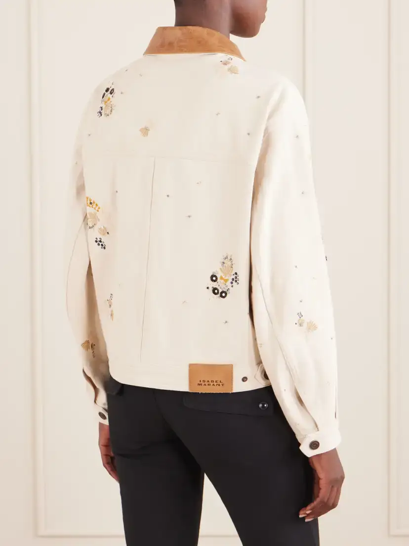 Isabel Marant Lavine Leather-trimmed Embellished Embroidered Denim Jacket | Thumbnail 4 Isabel Marant Lavine Leather-trimmed Embellished Embroidered Denim Jacket | Thumbnail 4