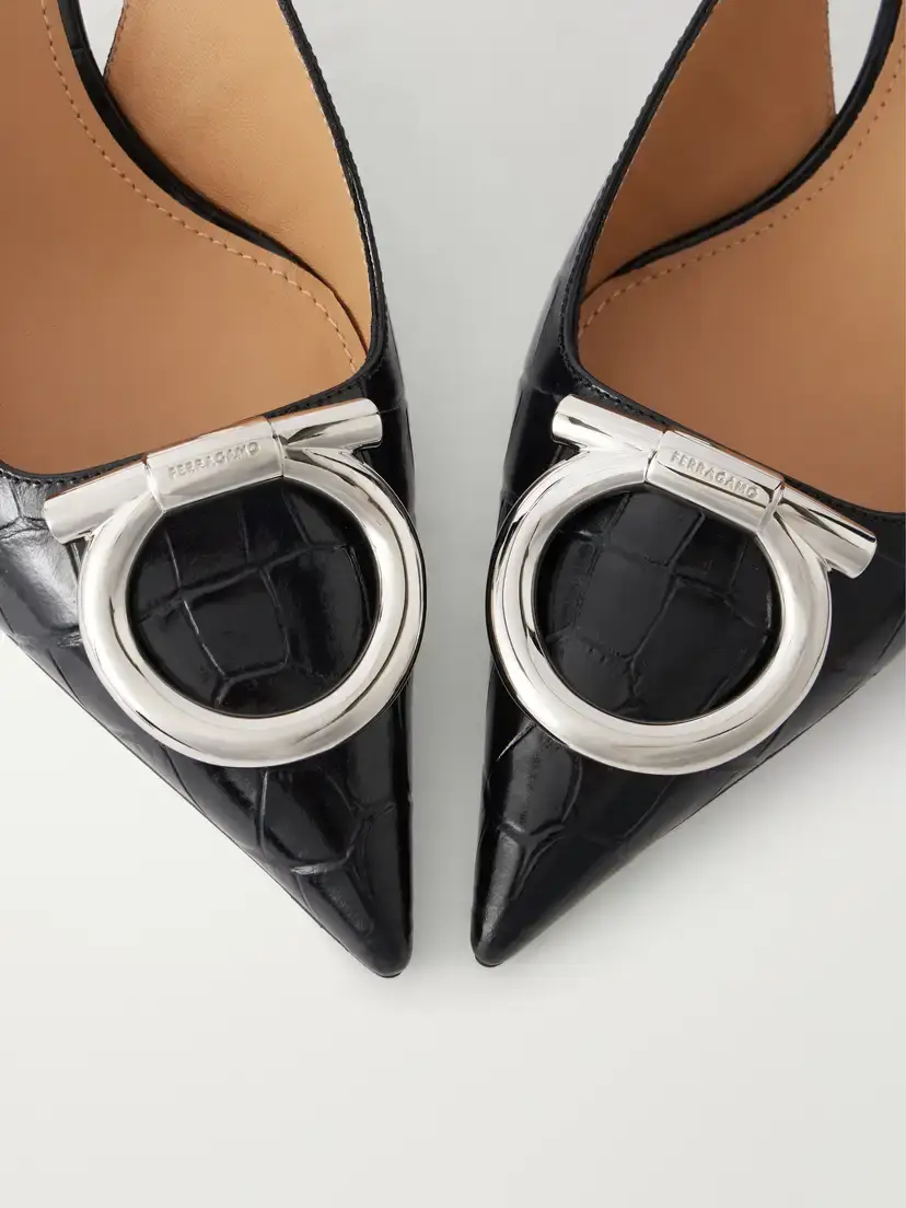 Ferragamo Sara 40 Embellished Croc-effect Leather Slingback Pumps | Thumbnail 5