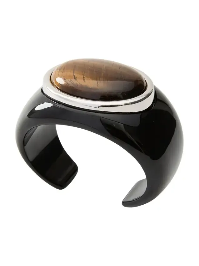 Lina Rhodium-Plated Brass Resin and Tiger's Eye Cuff Lina Rhodium-Plated Brass Resin and Tiger's Eye Cuff