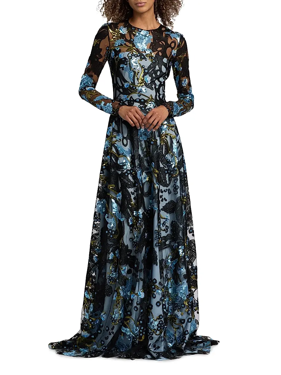 Naeem Khan Women's Sequined Floral Lace Long-Sleeve Gown | Thumbnail 2 Naeem Khan Women's Sequined Floral Lace Long-Sleeve Gown | Thumbnail 2