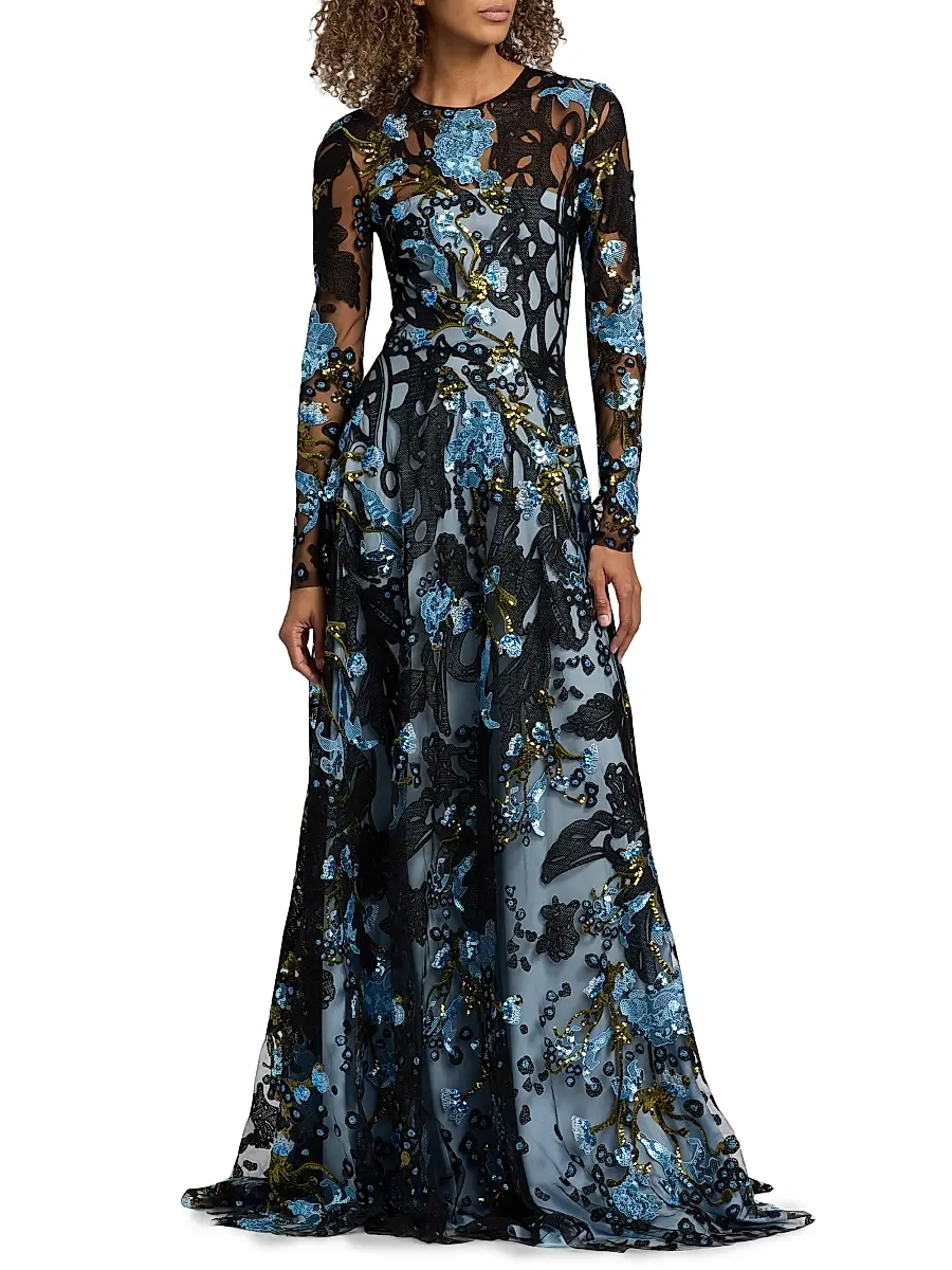Naeem Khan Women's Sequined Floral Lace Long-Sleeve Gown | Thumbnail 3 Naeem Khan Women's Sequined Floral Lace Long-Sleeve Gown | Thumbnail 3