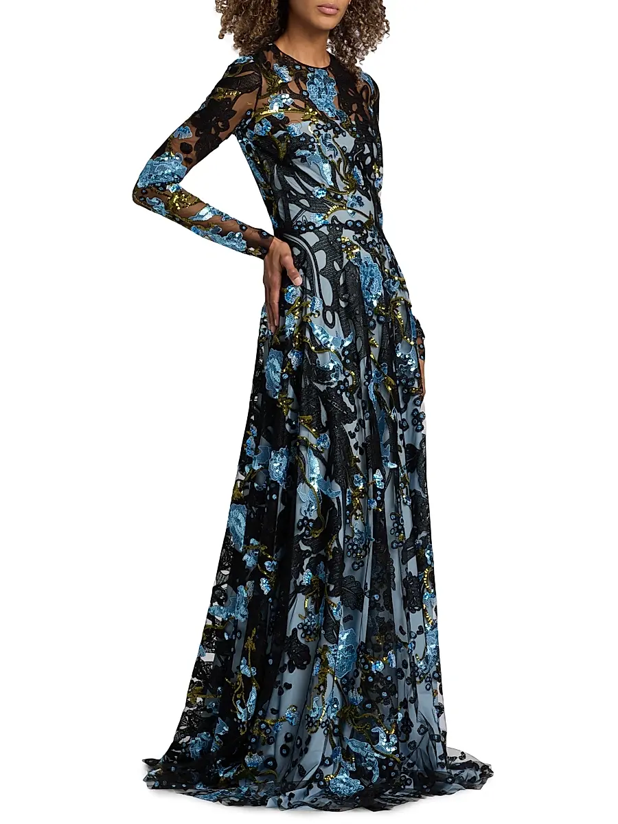 Naeem Khan Women's Sequined Floral Lace Long-Sleeve Gown | Thumbnail 4 Naeem Khan Women's Sequined Floral Lace Long-Sleeve Gown | Thumbnail 4