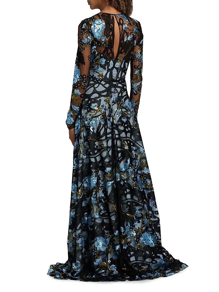 Naeem Khan Women's Sequined Floral Lace Long-Sleeve Gown | Thumbnail 5 Naeem Khan Women's Sequined Floral Lace Long-Sleeve Gown | Thumbnail 5