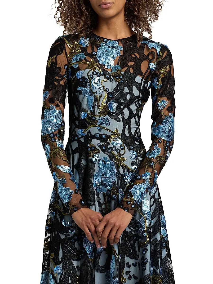 Naeem Khan Women's Sequined Floral Lace Long-Sleeve Gown | Thumbnail 6 Naeem Khan Women's Sequined Floral Lace Long-Sleeve Gown | Thumbnail 6