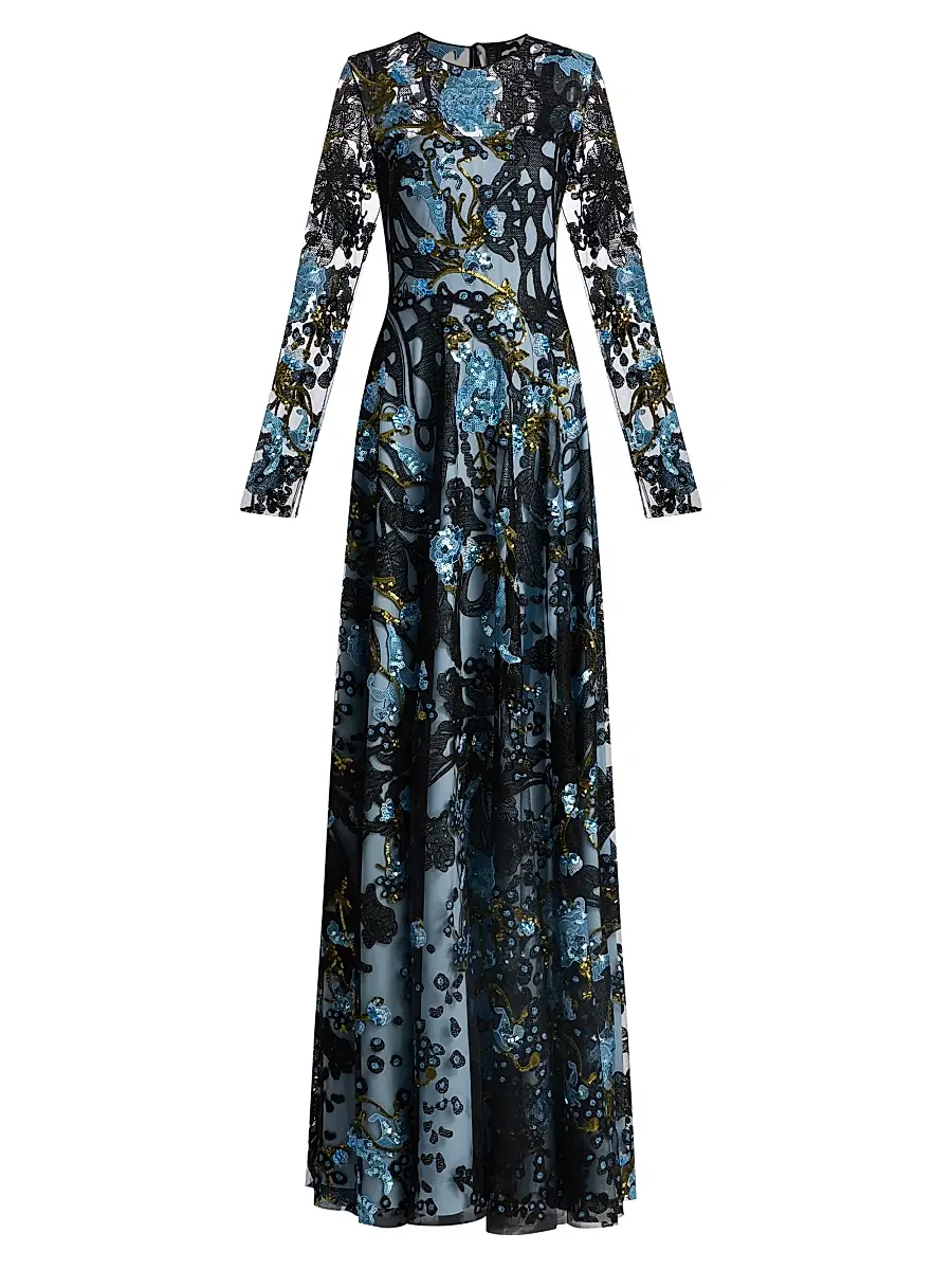 Naeem Khan Women's Sequined Floral Lace Long-Sleeve Gown - Blue Black - Size 6 | Image 1 Naeem Khan Women's Sequined Floral Lace Long-Sleeve Gown - Blue Black - Size 6 | Image 1