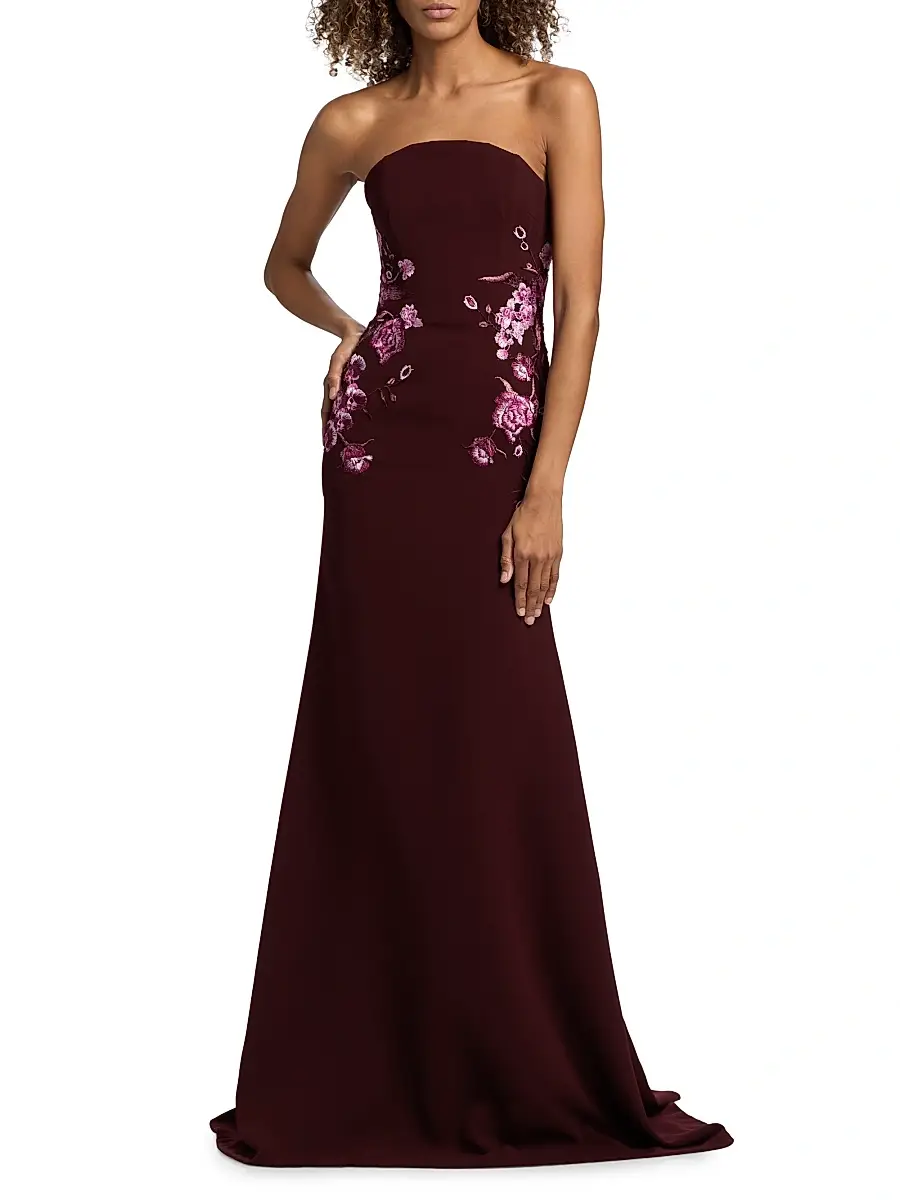 Naeem Khan Women's Floral-Appliqué Crepe Strapless Fit & Flare Gown - Bordeaux Pink | Thumbnail 2 Naeem Khan Women's Floral-Appliqué Crepe Strapless Fit & Flare Gown - Bordeaux Pink | Thumbnail 2