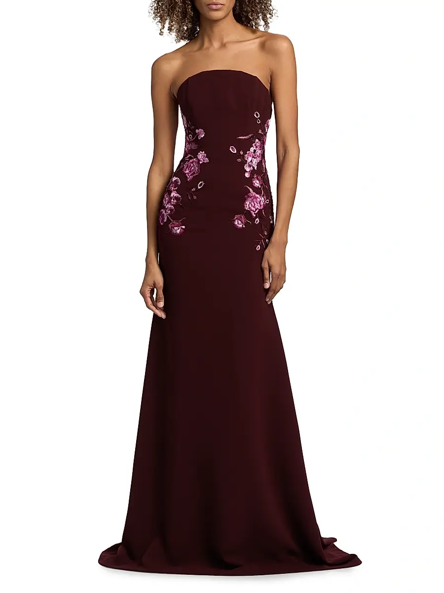 Naeem Khan Women's Floral-Appliqué Crepe Strapless Fit & Flare Gown - Bordeaux Pink | Thumbnail 3 Naeem Khan Women's Floral-Appliqué Crepe Strapless Fit & Flare Gown - Bordeaux Pink | Thumbnail 3