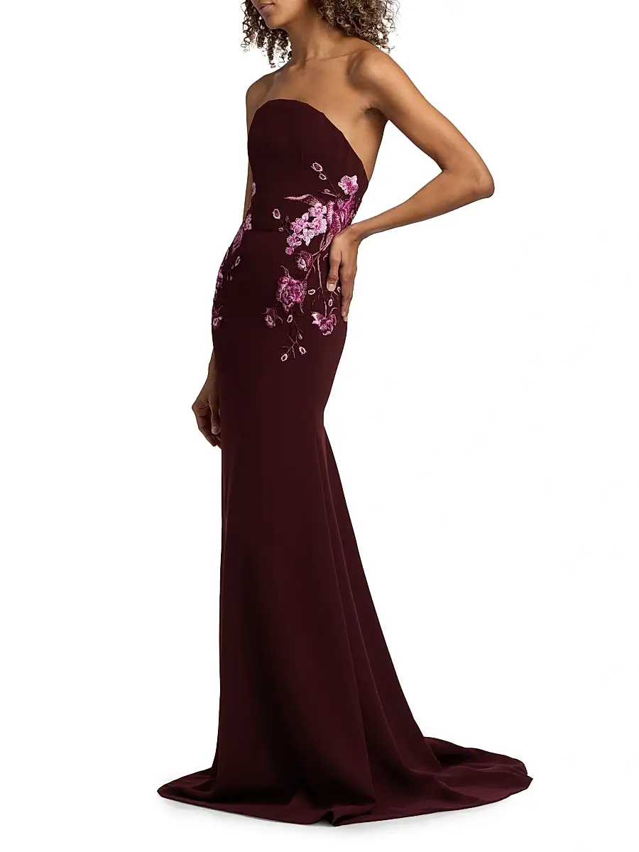 Naeem Khan Women's Floral-Appliqué Crepe Strapless Fit & Flare Gown - Bordeaux Pink | Thumbnail 4 Naeem Khan Women's Floral-Appliqué Crepe Strapless Fit & Flare Gown - Bordeaux Pink | Thumbnail 4