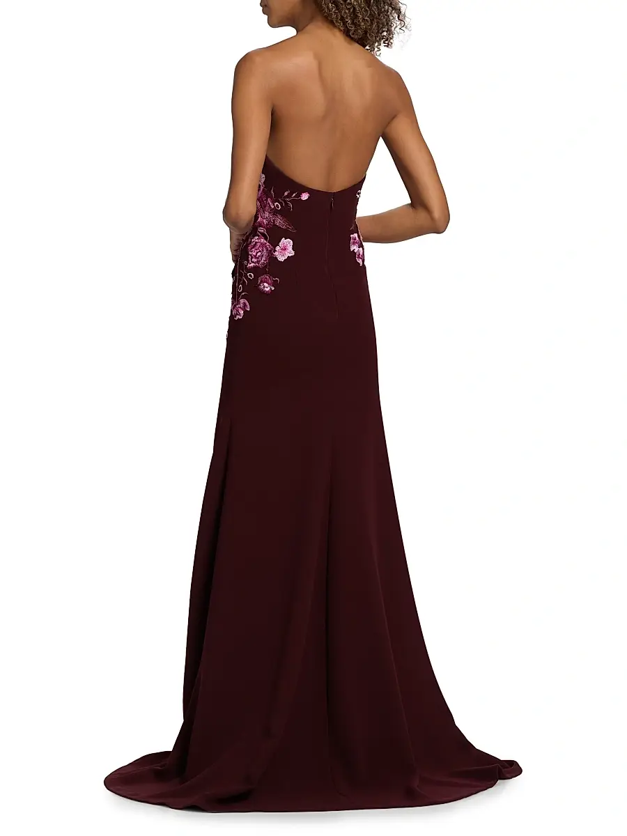Naeem Khan Women's Floral-Appliqué Crepe Strapless Fit & Flare Gown - Bordeaux Pink | Thumbnail 5 Naeem Khan Women's Floral-Appliqué Crepe Strapless Fit & Flare Gown - Bordeaux Pink | Thumbnail 5