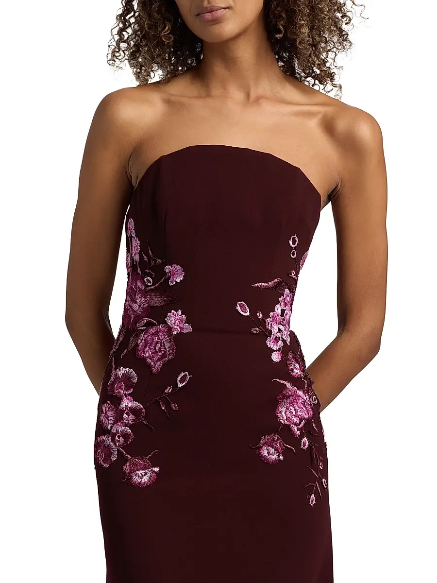 Naeem Khan Women's Floral-Appliqué Crepe Strapless Fit & Flare Gown - Bordeaux Pink | Thumbnail 6 Naeem Khan Women's Floral-Appliqué Crepe Strapless Fit & Flare Gown - Bordeaux Pink | Thumbnail 6