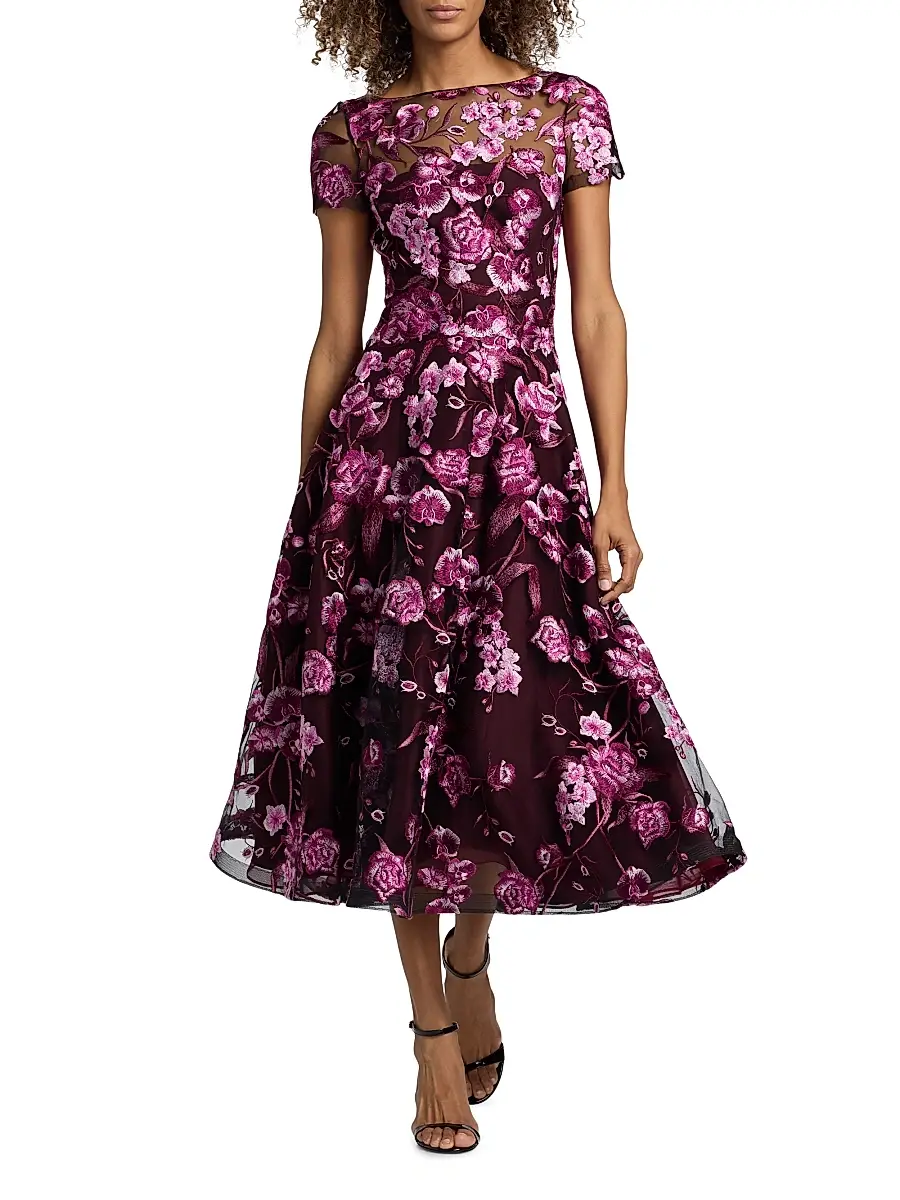 Naeem Khan Women's Floral-Embroidered Tea-Length Dress | Thumbnail 2 Naeem Khan Women's Floral-Embroidered Tea-Length Dress | Thumbnail 2
