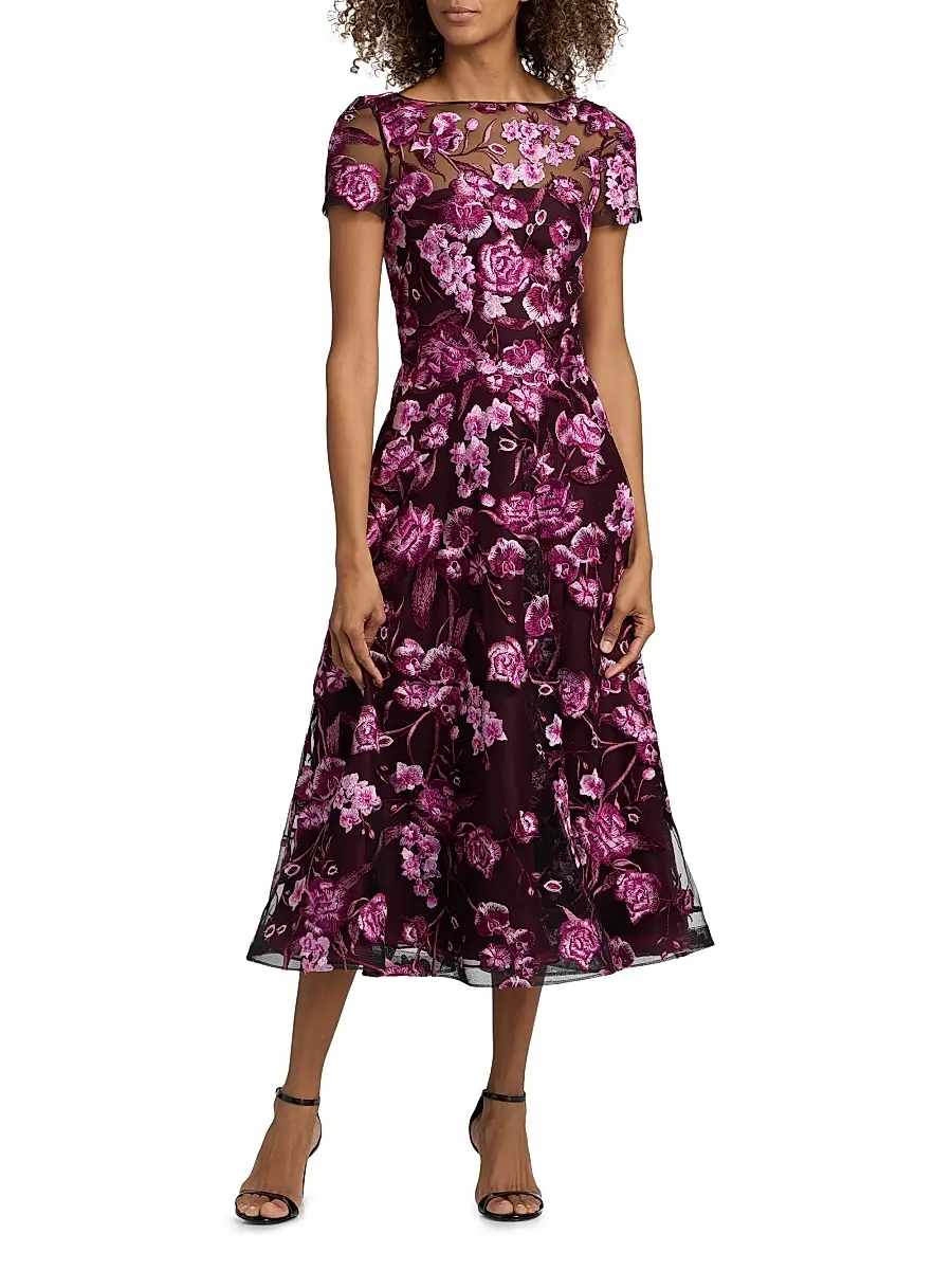 Naeem Khan Women's Floral-Embroidered Tea-Length Dress | Thumbnail 3 Naeem Khan Women's Floral-Embroidered Tea-Length Dress | Thumbnail 3