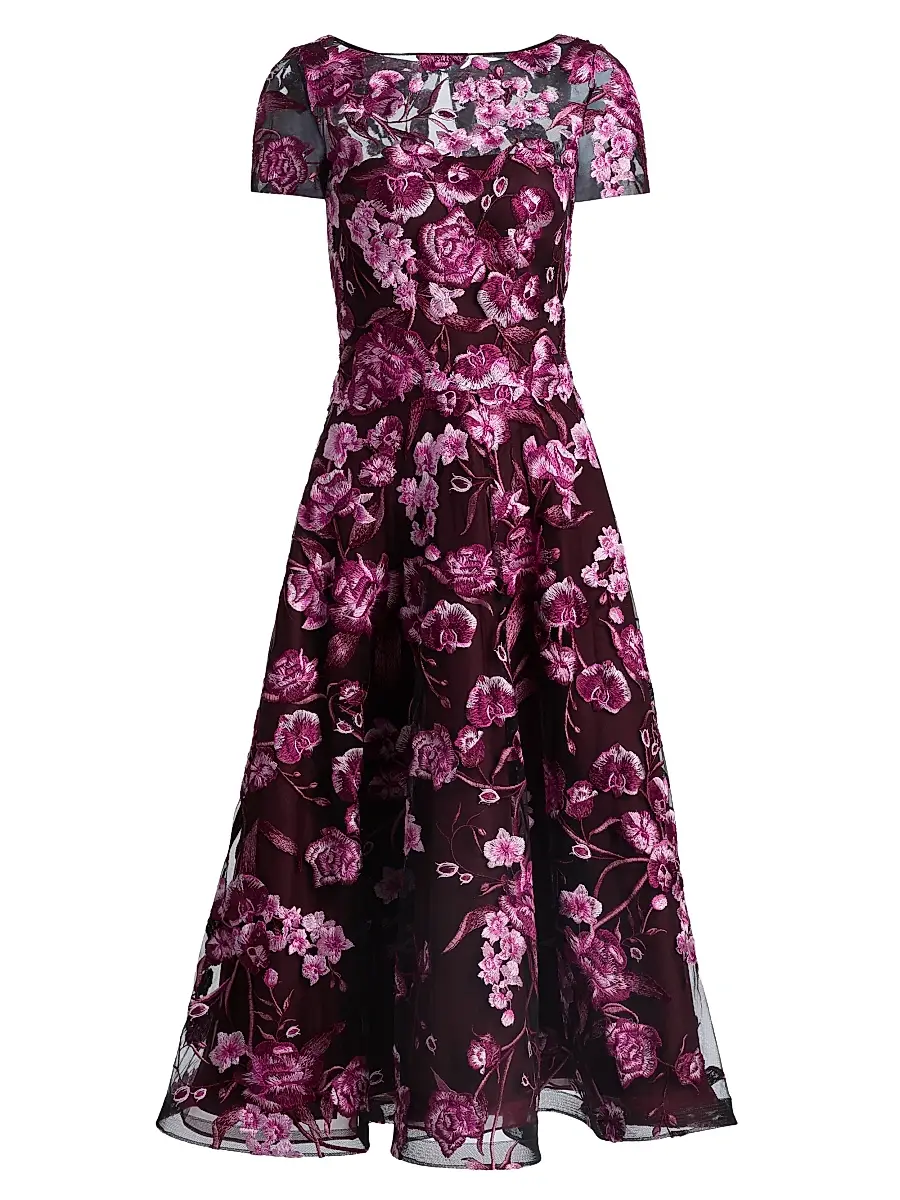 Naeem Khan Women's Floral-Embroidered Tea-Length Dress - Pink Black - Size 6 | Image 1 Naeem Khan Women's Floral-Embroidered Tea-Length Dress - Pink Black - Size 6 | Image 1
