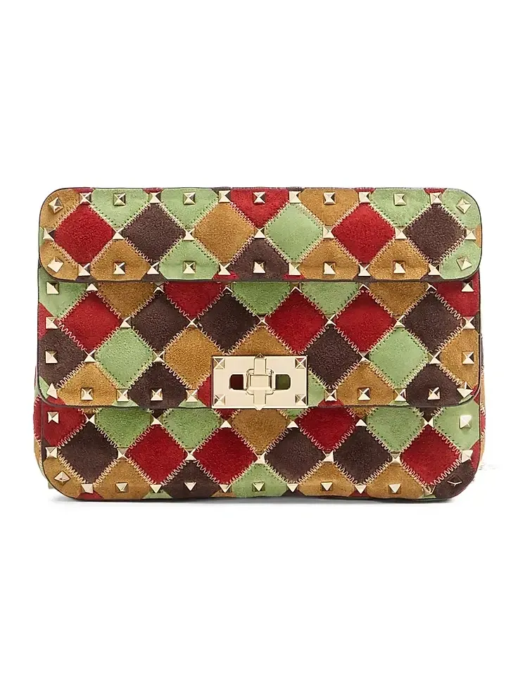 Women's Rockstud Spike Small Patchwork Suede Shoulder Bag Women's Rockstud Spike Small Patchwork Suede Shoulder Bag
