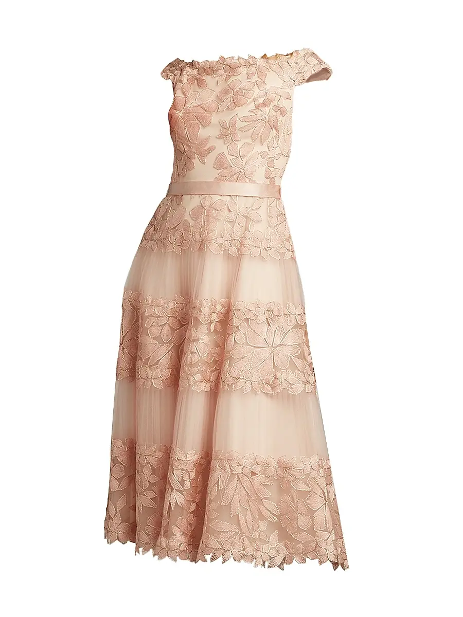Tadashi Shoji Women's Floral Embroidered Off-The-Shoulder A-Line Dress - Antique Pink - Size 4 | Image 1 Tadashi Shoji Women's Floral Embroidered Off-The-Shoulder A-Line Dress - Antique Pink - Size 4 | Image 1