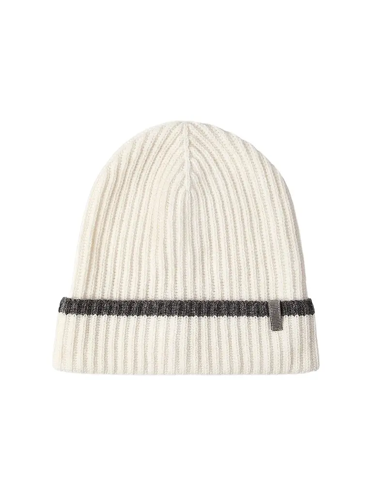 Brunello Cucinelli Women's Cashmere English Rib Knit Beanie with Monili - Panama | Image 1 Brunello Cucinelli Women's Cashmere English Rib Knit Beanie with Monili - Panama | Image 1