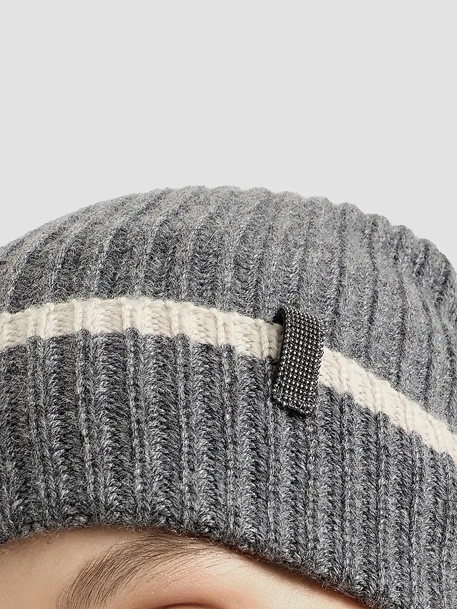 Brunello Cucinelli Women's Cashmere English Rib Knit Beanie with Monili - Lead | Thumbnail 3