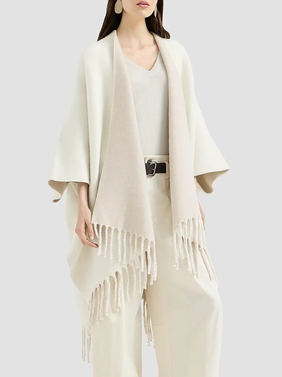 Brunello Cucinelli Women's Wool and Cashmere Double Knit Reversible Poncho | Thumbnail 2 Brunello Cucinelli Women's Wool and Cashmere Double Knit Reversible Poncho | Thumbnail 2
