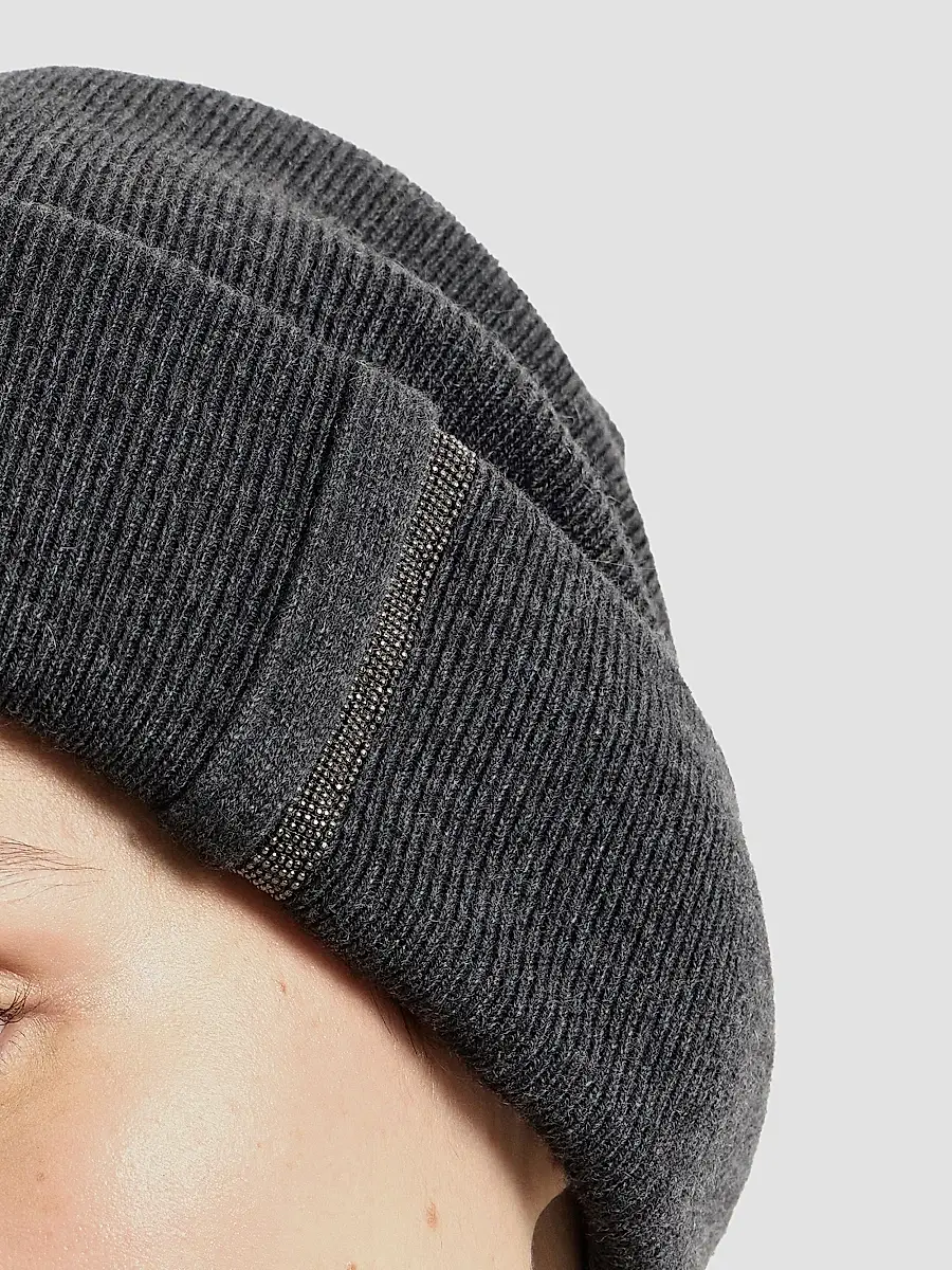 Brunello Cucinelli Women's Cashmere Rib Knit Beanie with Monili - Lignite Grey | Thumbnail 3 Brunello Cucinelli Women's Cashmere Rib Knit Beanie with Monili - Lignite Grey | Thumbnail 3