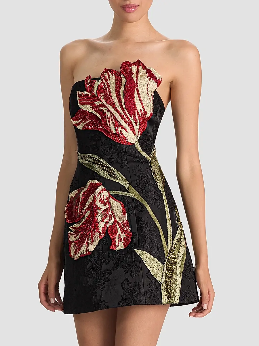 Alice + Olivia Women's Katia Strapless Floral Appliqué Mini Dress | Thumbnail 6 Alice + Olivia Women's Katia Strapless Floral Appliqué Mini Dress | Thumbnail 6