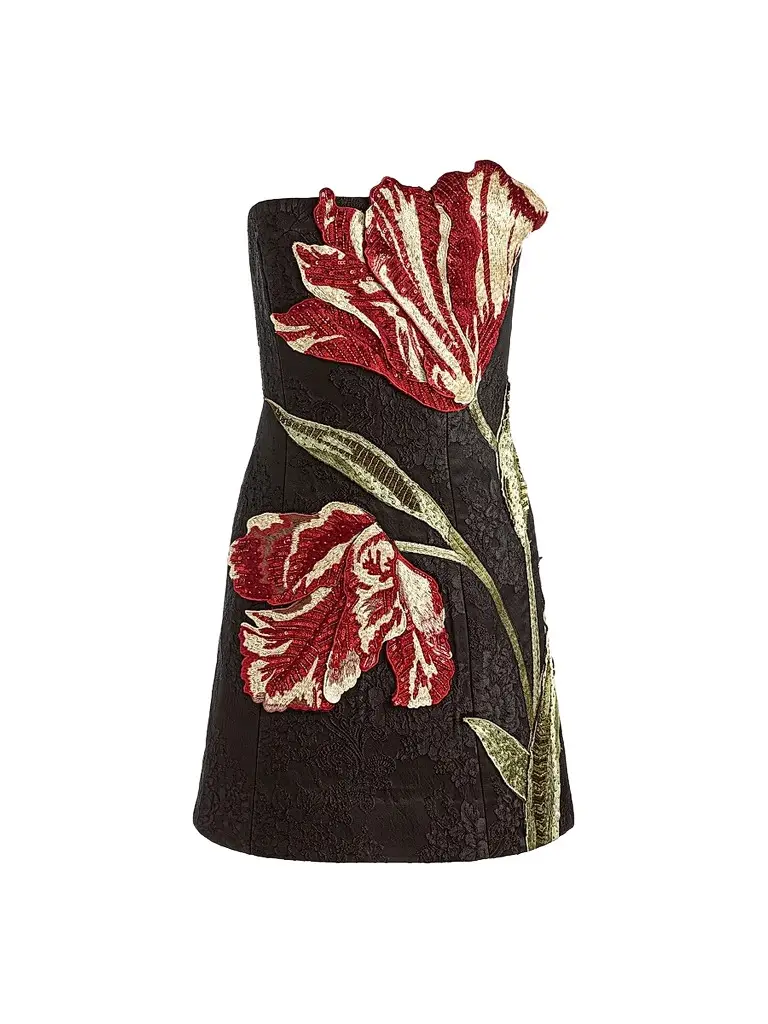 Alice + Olivia Women's Katia Strapless Floral Appliqué Mini Dress - Soft Tulip Black - Size 14 | Image 1 Alice + Olivia Women's Katia Strapless Floral Appliqué Mini Dress - Soft Tulip Black - Size 14 | Image 1