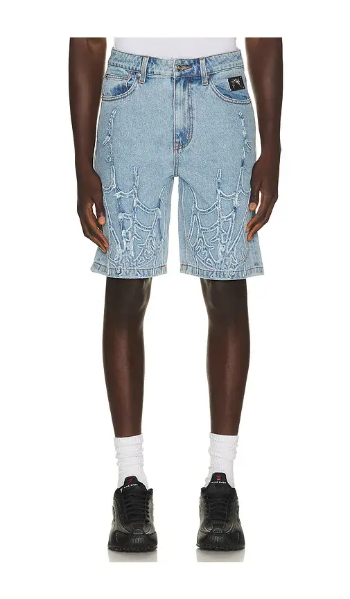 Revenge Spider Web Denim Shorts | Image 1 Revenge Spider Web Denim Shorts | Image 1